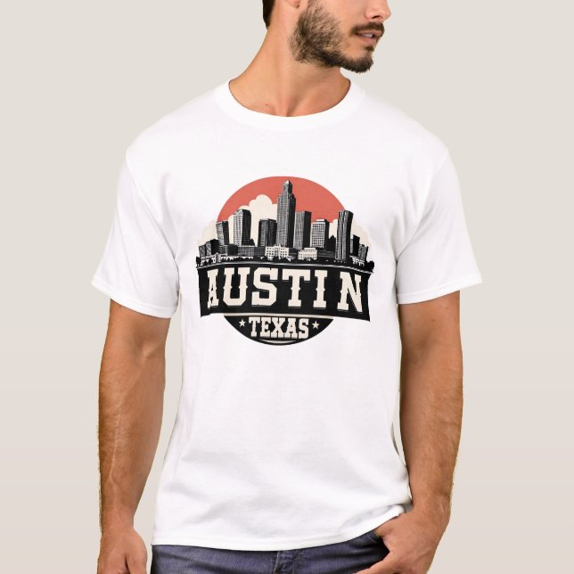 Austin City Texas Skyline Retro Black & White Art T-Shirt (Front)