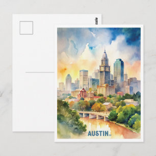Austin City Watercolor Painting Postcard