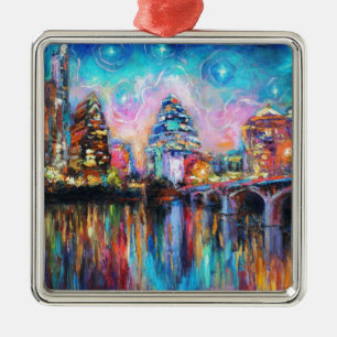 Austin Skyline at night cityscape Art gifts Metal Ornament