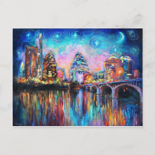 Austin Skyline at night cityscape Art gifts Postcard (Front)