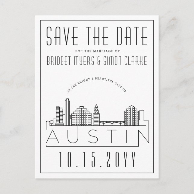 Austin | Stylized Skyline Save the Date Postcard (Front)