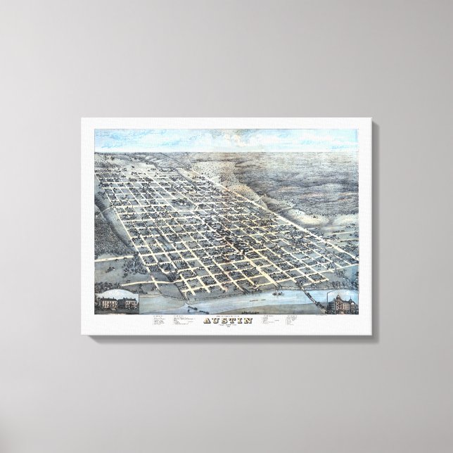 Austin, Texas Antique Aerial City Map from 1873 Canvas Print (Front)