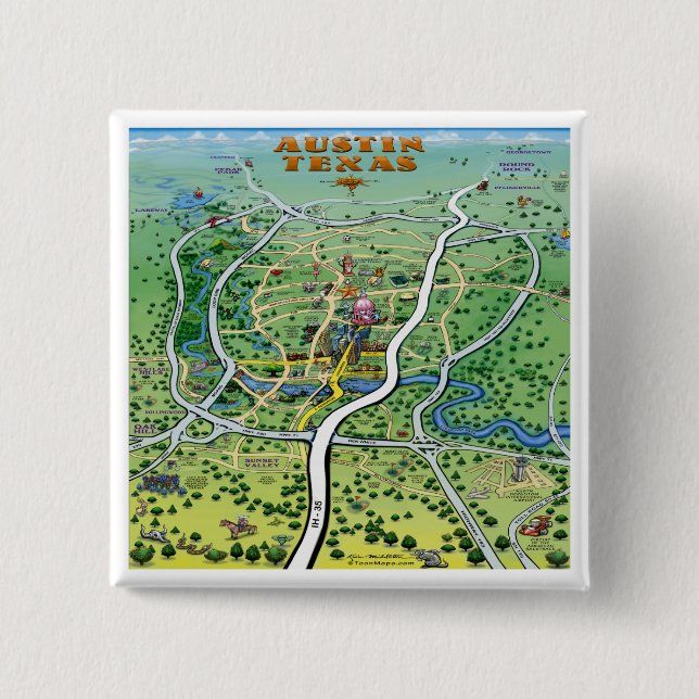 Austin Texas Cartoon Map 2 Inch Square Button (Front)