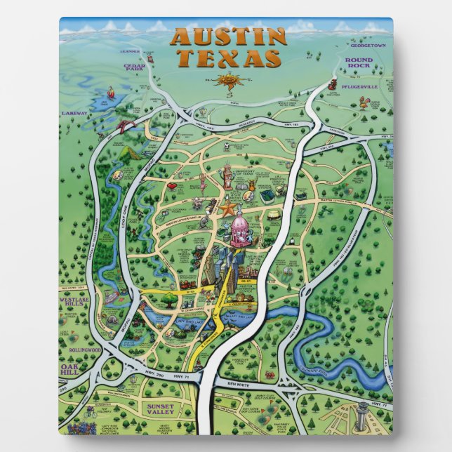 Austin Texas Cartoon Map Plaque (Front)