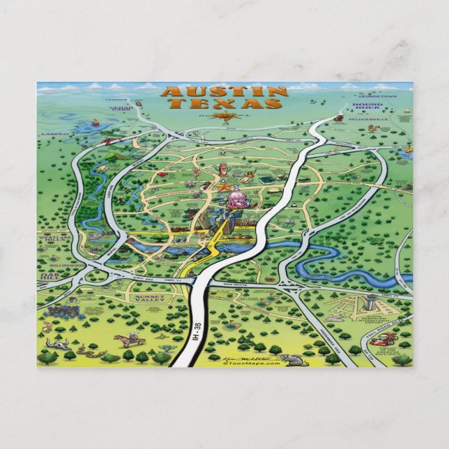 Austin Texas Cartoon Map Postcard (Front)