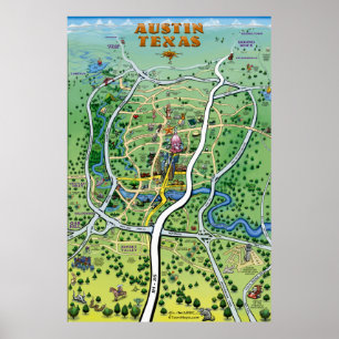 Austin Texas Cartoon Map Poster