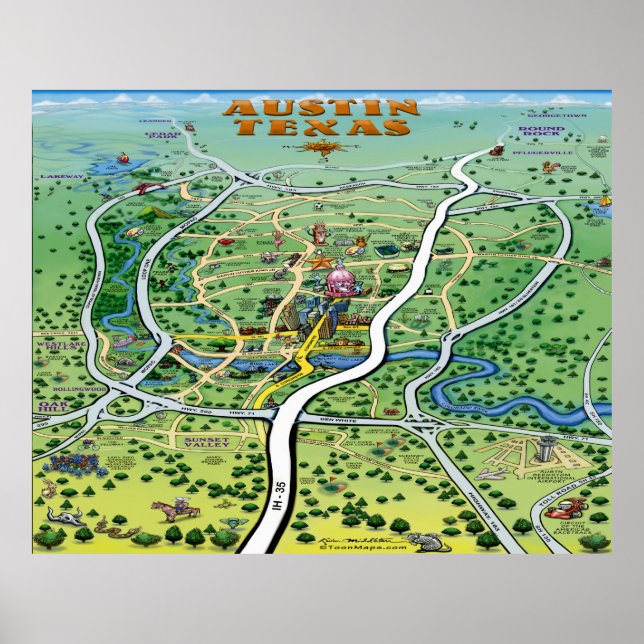 Austin Texas Cartoon Map Poster (Front)