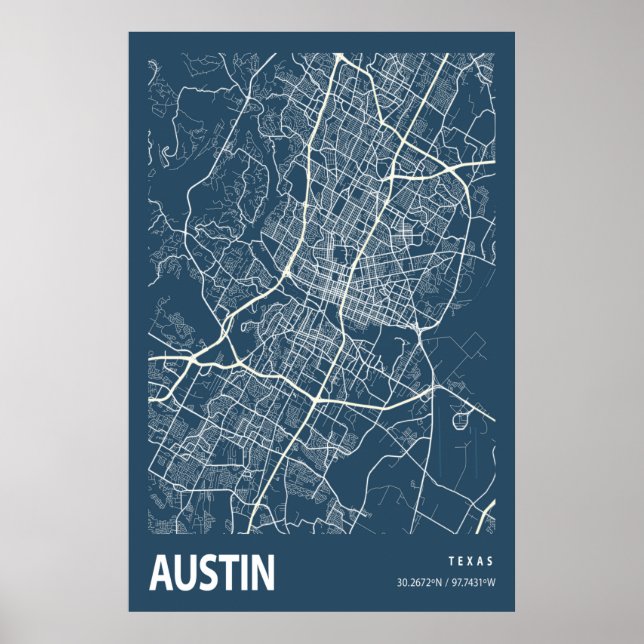 Austin Texas City Map Line Art Blue Print (Front)