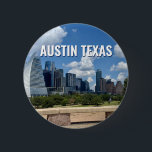 Austin Texas City Skyline Photography 2 Inch Round Button<br><div class="desc">This modern Austin Texas button features beautiful blue sky and clouds above the city skyline. All of the new buildings against the pretty green trees that epitomizes the beauty of the urban downtown and nature of the place. Great travel keepsake gift for a visitor or a local Austinite that likes...</div>