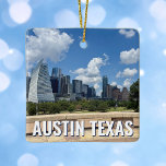 Austin Texas City Skyline Photography Christmas Ceramic Ornament<br><div class="desc">This modern Austin Texas Christmas ornament features beautiful blue sky and clouds above the city skyline. All of the new buildings against the pretty green trees that epitomizes the beauty of the urban downtown and nature of the place. Great travel keepsake gift for a visitor or a local Austinite that...</div>