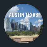Austin Texas City Skyline Photography Magnet<br><div class="desc">This modern Austin Texas magnet features beautiful blue sky and clouds above the city skyline. All of the new buildings against the pretty green trees that epitomizes the beauty of the urban downtown and nature of the place. Great travel keepsake gift for a visitor or a local Austinite that likes...</div>