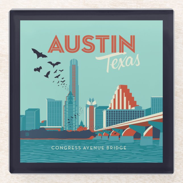 Austin, Texas | Congress Avenue Bridge Glass Coaster (Front)