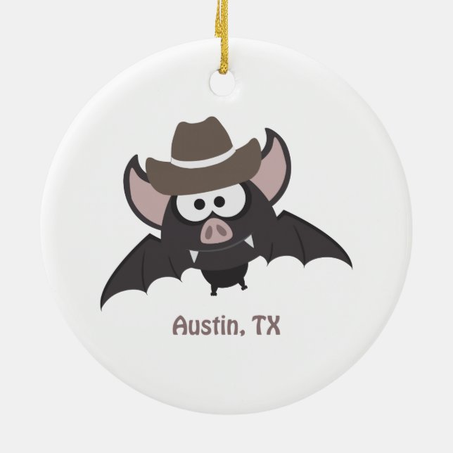 Austin Texas Cute Cartoon Cowboy Bat Ceramic Ornament (Back)