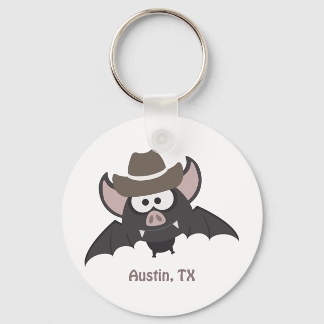 Austin Texas Cute Cartoon Cowboy Bat Keychain (Front)