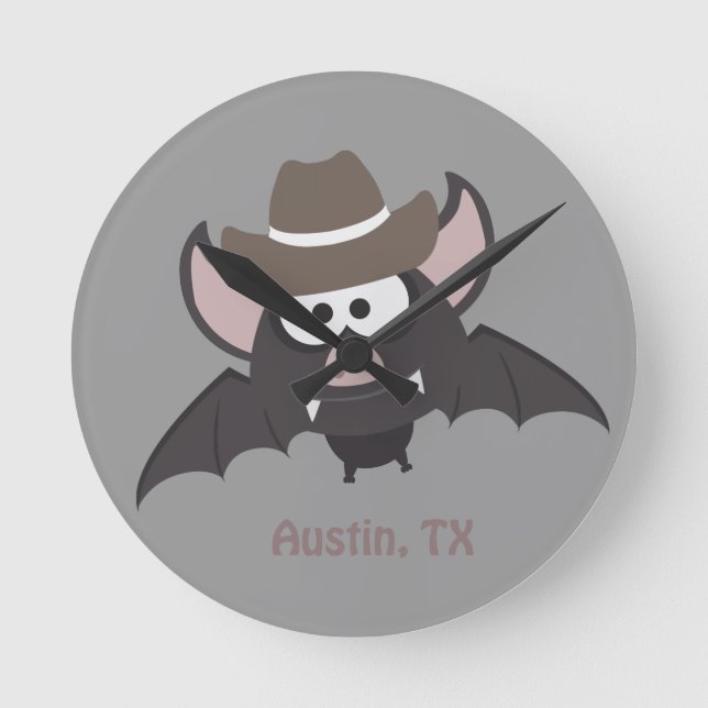 Austin Texas Cute Cartoon Cowboy Bat Round Clock (Front)
