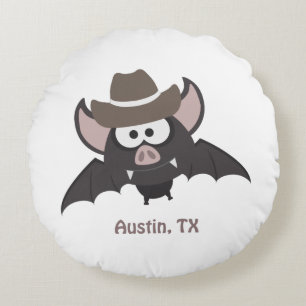 Austin Texas Cute Cartoon Cowboy Bat Round Pillow