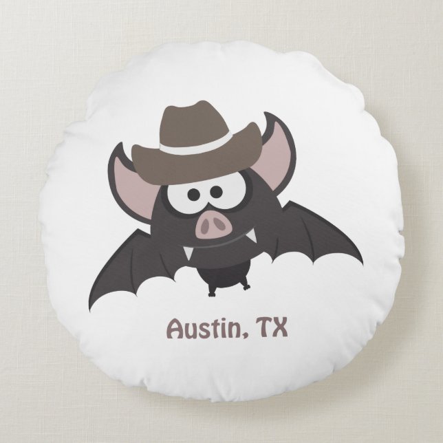 Austin Texas Cute Cartoon Cowboy Bat Round Pillow (Front)