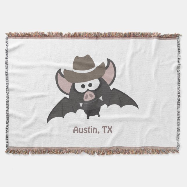 Austin Texas Cute Cartoon Cowboy Bat Throw Blanket (Front)