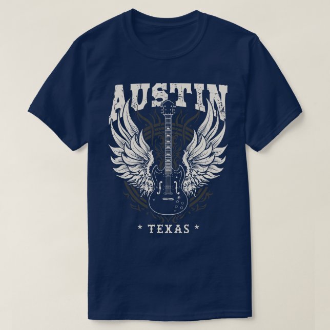 Austin Texas Distressed Guitar Angel Wings Music T-Shirt (Design Front)