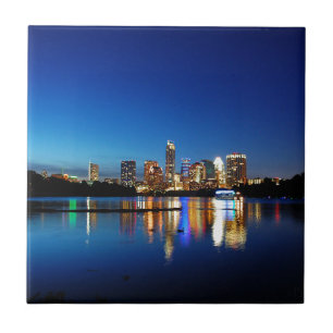 Austin Texas Downtown Night Skyline Ladybird Lake Tile