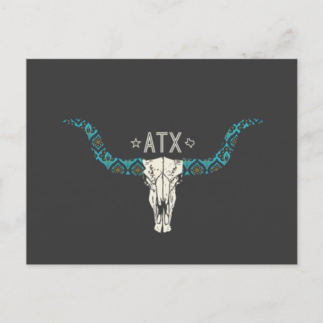 Austin Texas Long Horn Skull Southwest Pattern Postcard (Front)