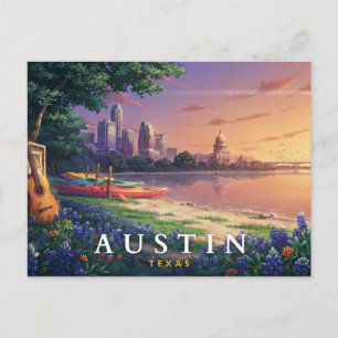 Austin Texas Retro Riverfront Music Travel  Postcard