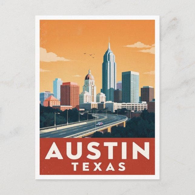 Austin Texas Skyline Vintage Travel Art Postcard (Front)