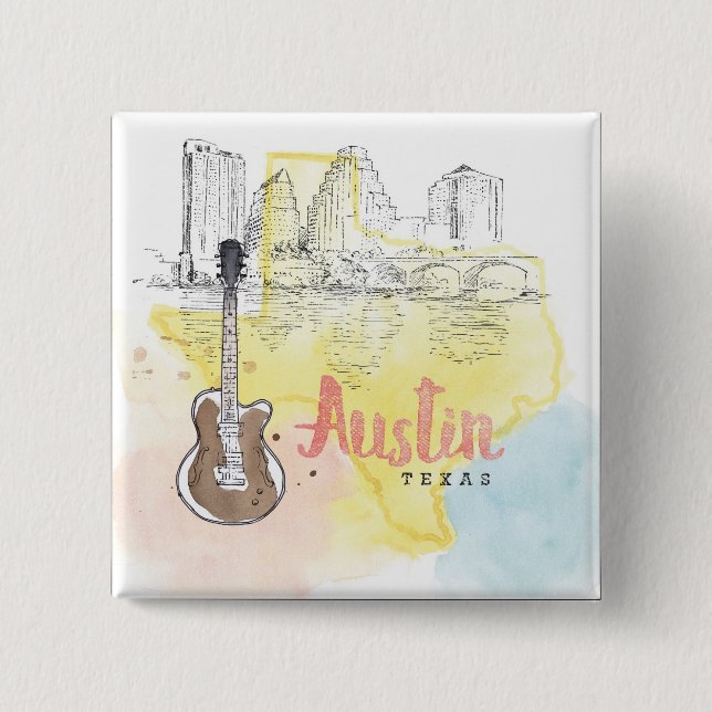 Austin,Texas | Watercolor Sketch 2 Inch Square Button (Front)