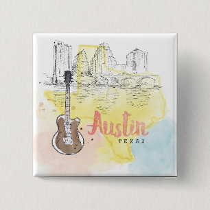 Austin,Texas   Watercolor Sketch 2 Inch Square Button