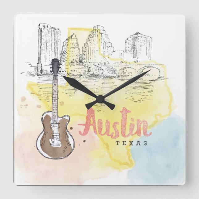 Austin,Texas | Watercolor Sketch Square Wall Clock (Front)