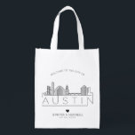 Austin, Texas Wedding | Stylized Skyline Reusable Grocery Bag<br><div class="desc">A unique wedding bag for a wedding taking place in the beautiful city of Austin,  Texas.  This bag features a stylized illustration of the city's unique skyline with its name underneath.  This is followed by your wedding day information in a matching open lined style.</div>