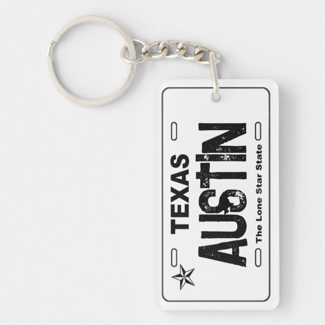 Austin Texas white license plate keychain (Front)