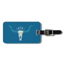 Austin TX Long Horn Skull Luggage Tag Customizable