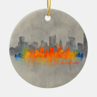 Austin watercolor Texas skyline b/w colorful City Ceramic Ornament
