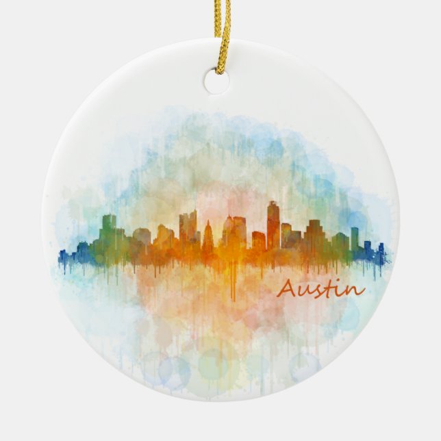 Austin watercolor Texas skyline v4 Ceramic Ornament (Front)