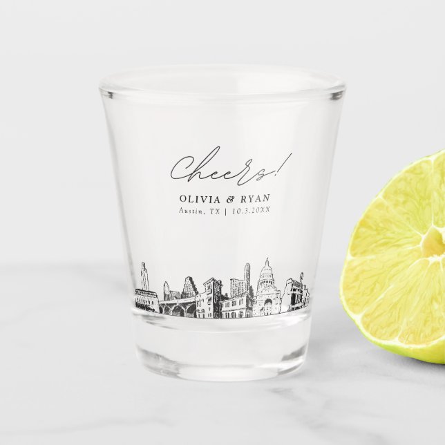 Austin Wedding Favour Personalized Cheers Shot Glass (Front)