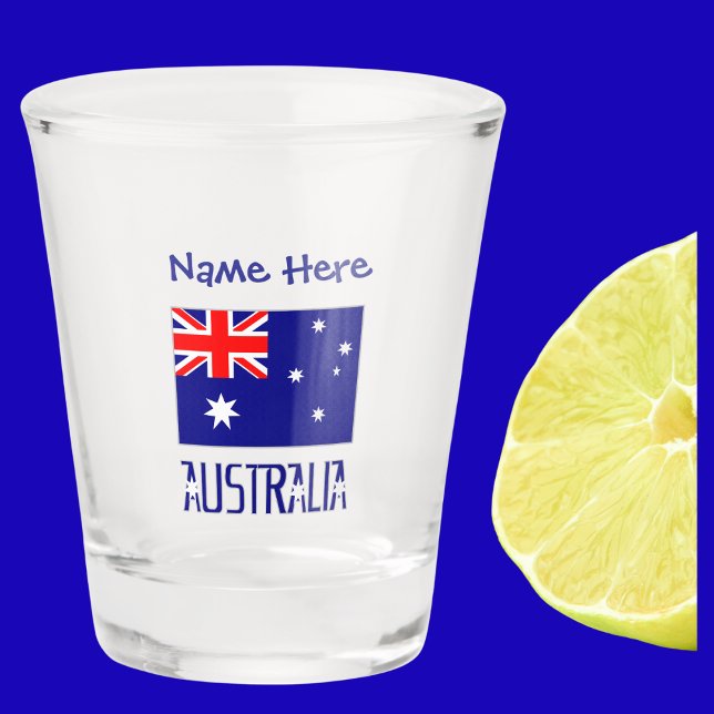 Australia Australian Flag Blue Personalization  Shot Glass (Australian Flag on shot glass with words AUSTRALIA below in flag colors. Above, add name in blue.)