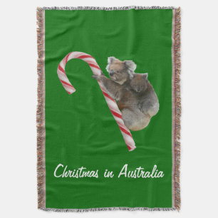 Australia Christmas Koalas on Candy Cane Throw Blanket