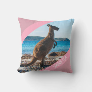 Australia Kangaroo on the Beach, Pink Accent Throw Pillow
