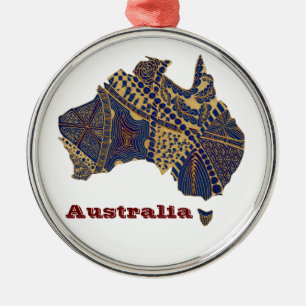 Australia Map Tan-Blue-Red Metal Ornament