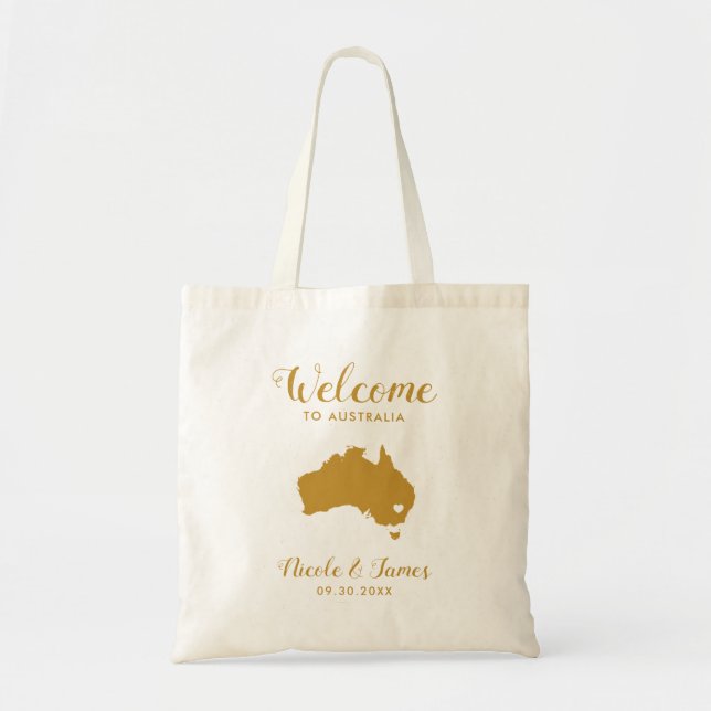 Australia Map Wedding Welcome Bag, Gold Tote Bag (Front)