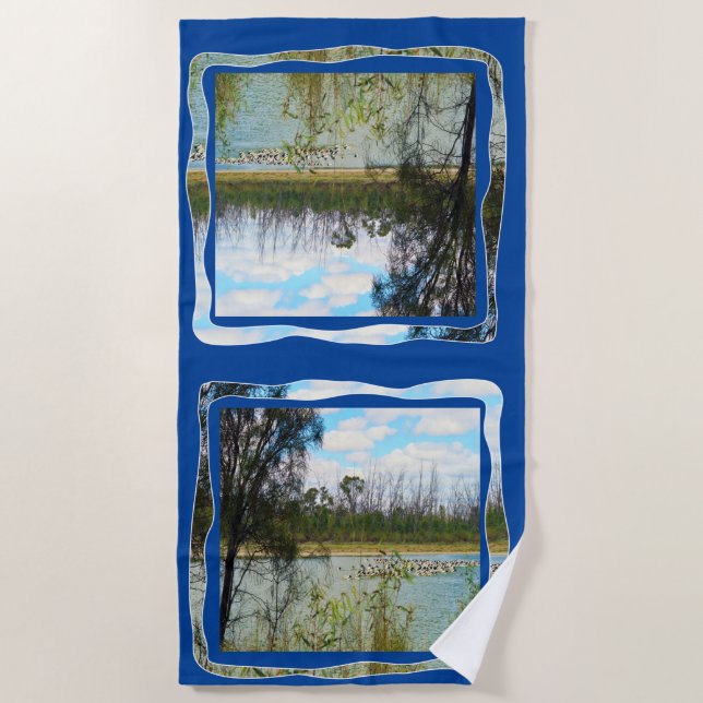 Australia Pelican Flock River Murray, Beach Towel (Front)