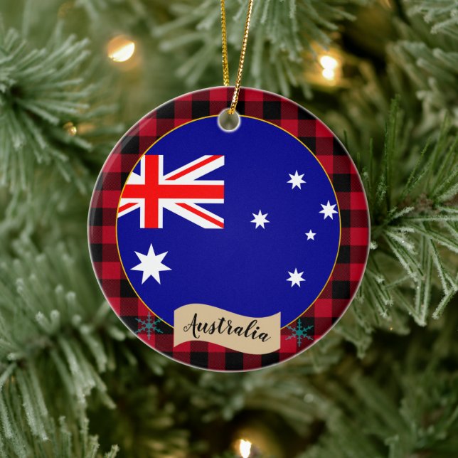 Australia, Red buffalo plaid & Australian Flag Ceramic Ornament (Tree)