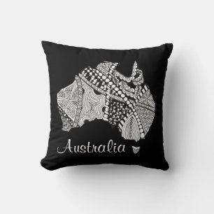 Australia Souvenir Map Art Black and White Throw Pillow