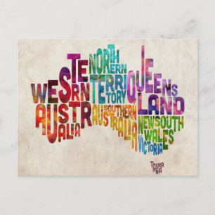 Australia Typographic Text Map Postcard