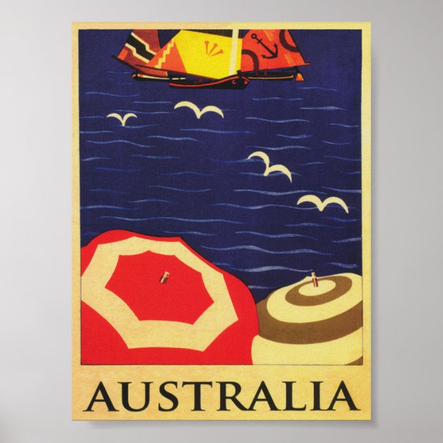 Australia Vintage Beach Umbrellas Travel Poster (Front)