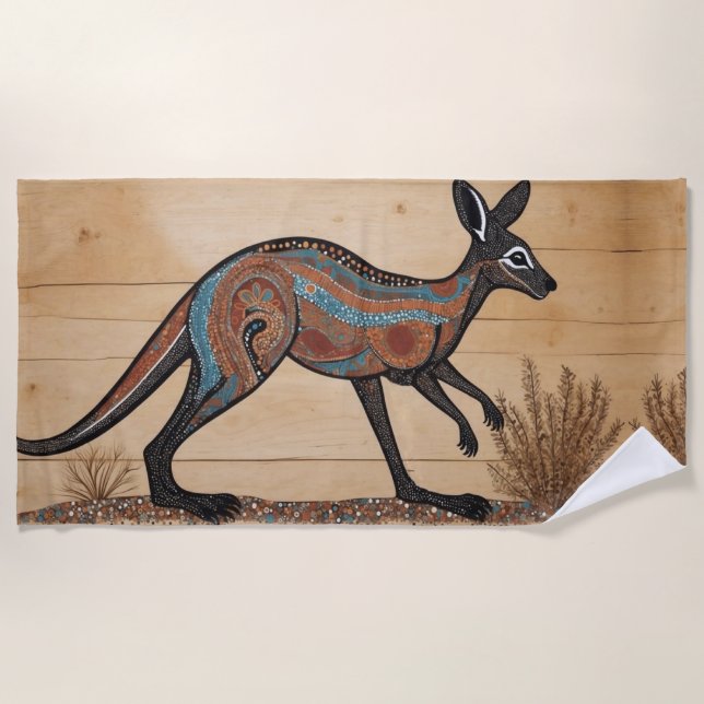 Australian Aboriginal-themed Kangaroo Beach Towel (Front)