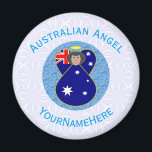 Australian Angel Blue White Personalized Magnet<br><div class="desc">Australian angel with black hair flies on this round magnet while on a circle of blue squiggly squares, The blue circle sits on a white background of squiggly squares. Personalize it with a name for an extra special stocking stuffer or gift. Add your name as the giver or the giftee....</div>