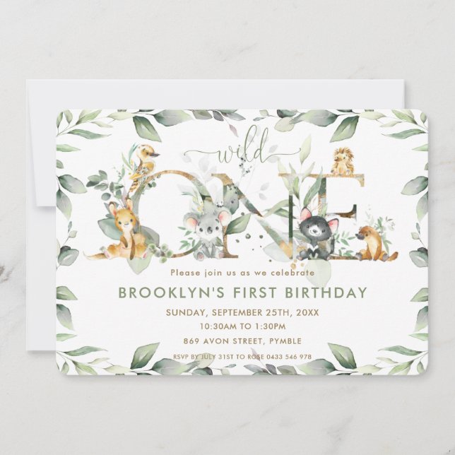Australian Animals Greenery 1st Birthday Wild One Invitation (Front)