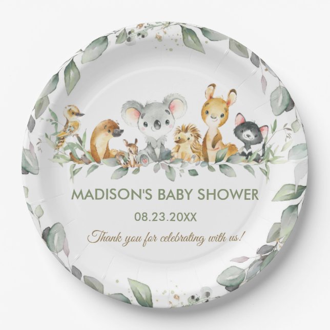 Australian Animals Greenery Birthday Baby Shower  Paper Plate (Front)